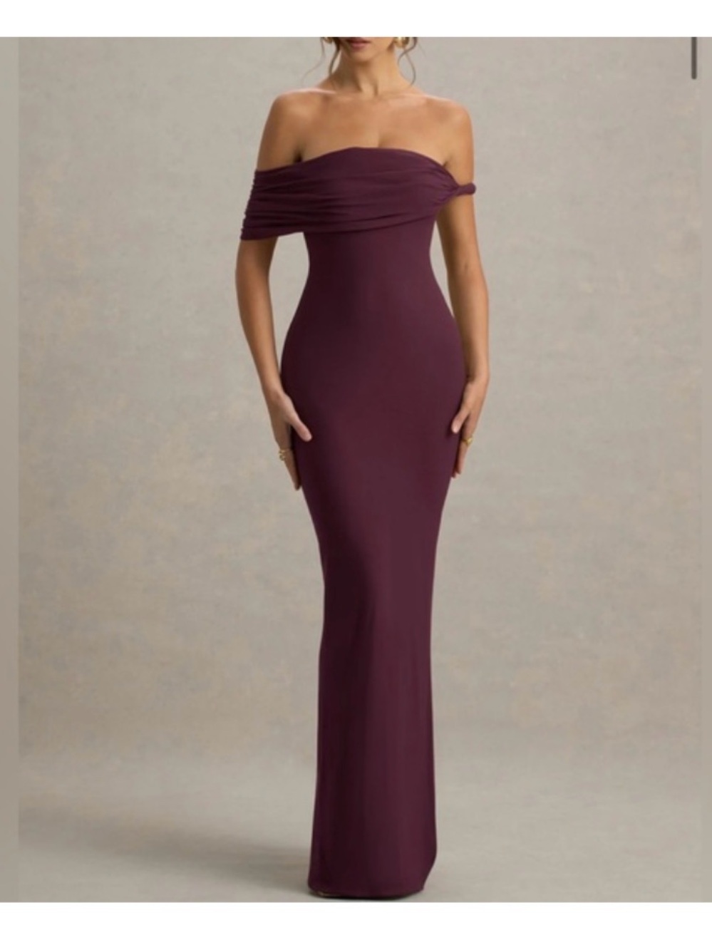 Club L London Off-Shoulder Burgundy Bodycon Maxi Dress